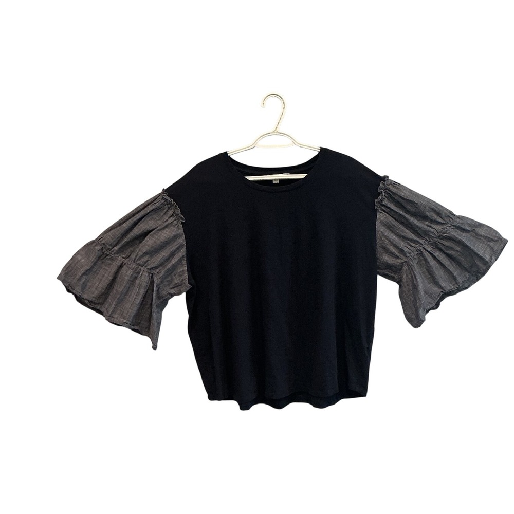 Chico's Women Cotton Knit Top XXL Navy Blue Chambray Ruffle Bell‎ Sleeve Blouse